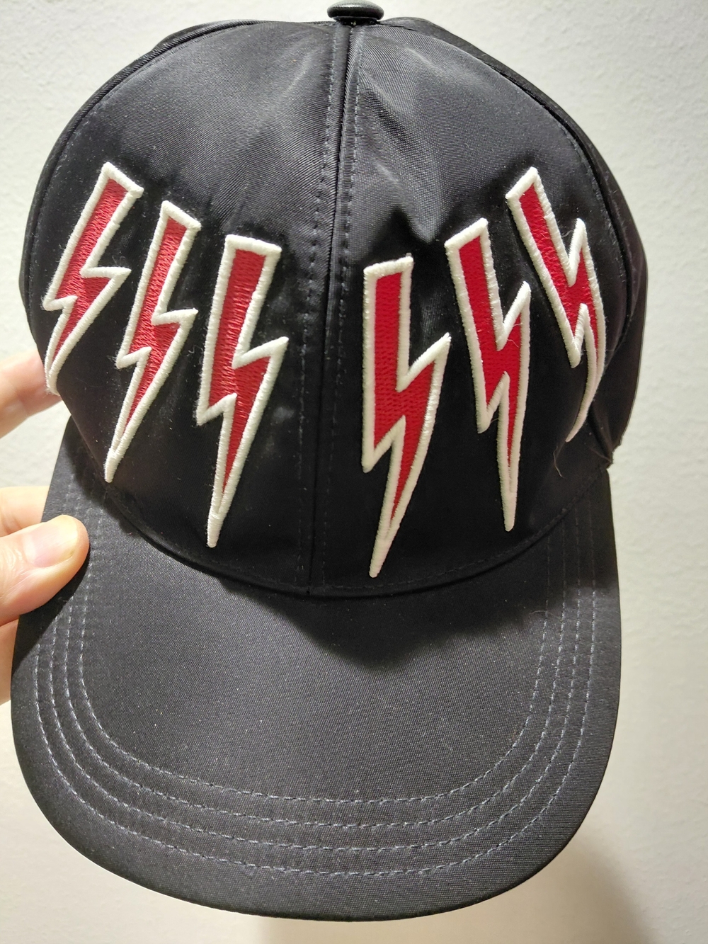 Neil Barrett Black Baseball Cap with Red & White Lightning Bolts